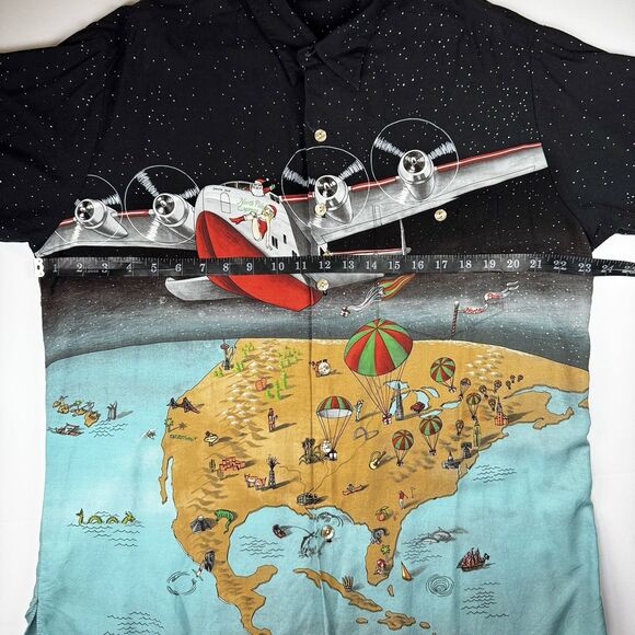 Vintage Tori Richard Christmas Map Shirt Mens Large Santa Seaplane Holiday Aloha - Picture 10 of 13